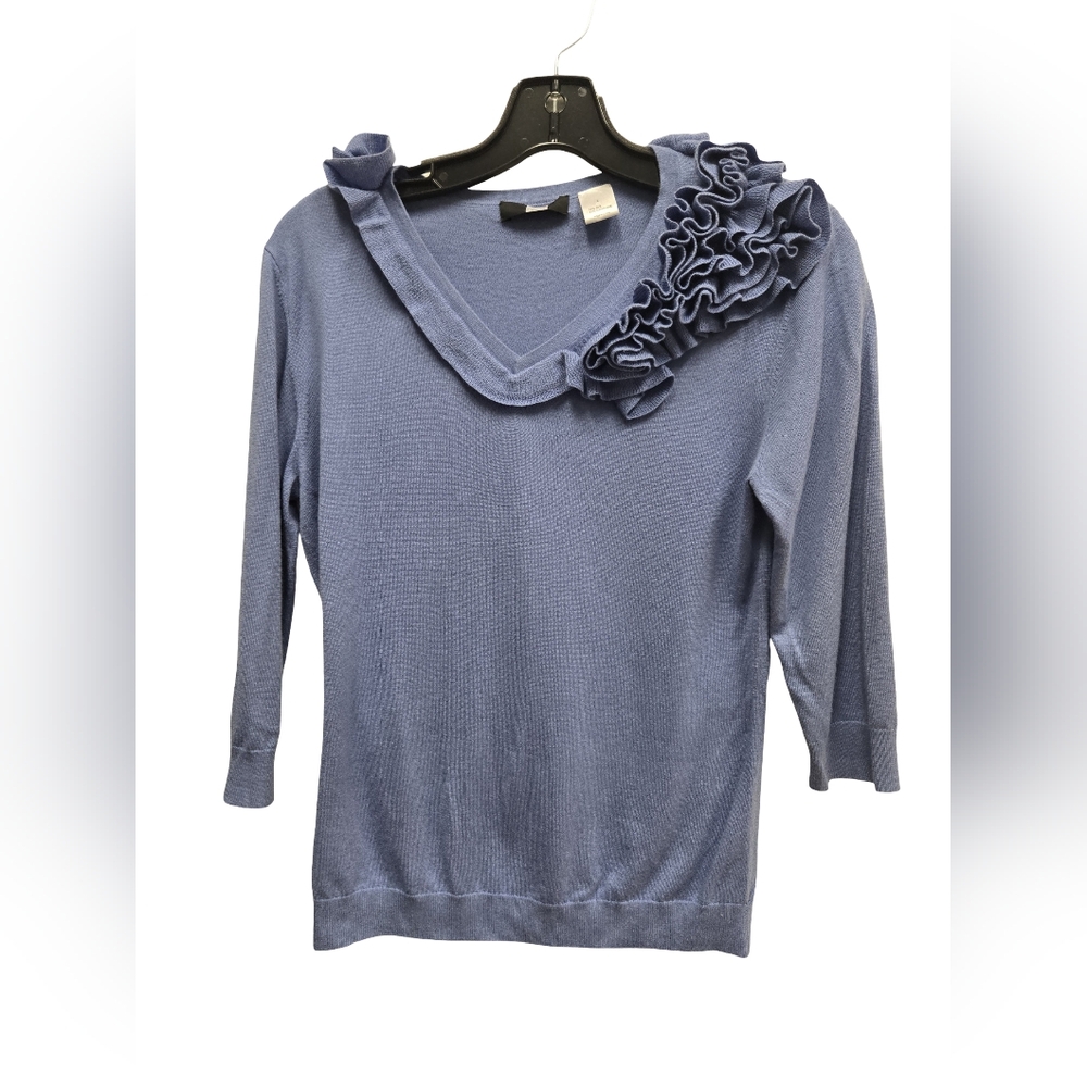 Blue Ruffled V-Neck Sweater